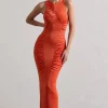 Bombshell | Orange High Neck Diamond Ruched Maxi Dress
