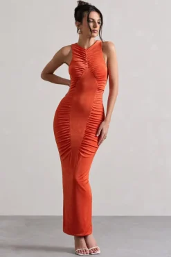 Bombshell | Orange High Neck Diamond Ruched Maxi Dress