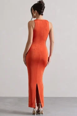 Bombshell | Orange High Neck Diamond Ruched Maxi Dress