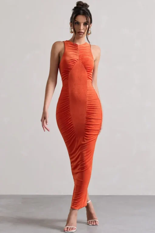 Bombshell | Orange High Neck Diamond Ruched Maxi Dress
