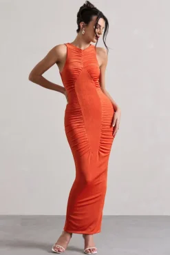 Bombshell | Orange High Neck Diamond Ruched Maxi Dress