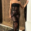 Bondi | Black Crochet Strapless Maxi Dress With Fringe Hem