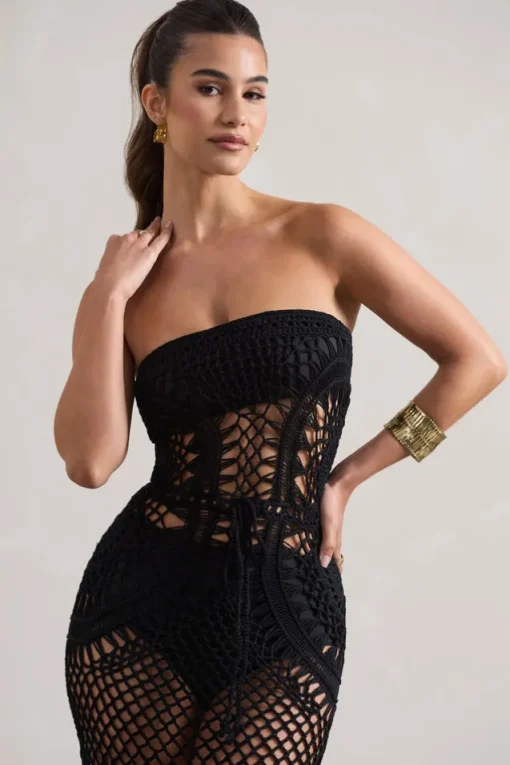 Bondi | Black Crochet Strapless Maxi Dress With Fringe Hem