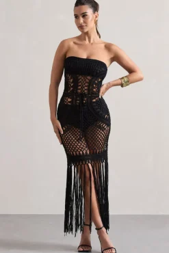 Bondi | Black Crochet Strapless Maxi Dress With Fringe Hem