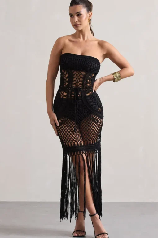 Bondi | Black Crochet Strapless Maxi Dress With Fringe Hem