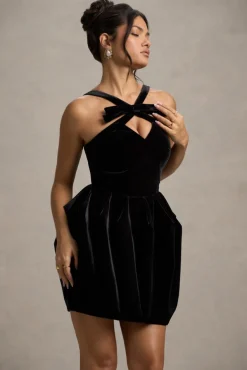 Bonet | Black Strappy Structured Velvet Mini Dress With Bow Detail
