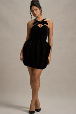 Bonet | Black Strappy Structured Velvet Mini Dress With Bow Detail