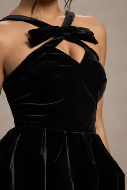 Bonet | Black Strappy Structured Velvet Mini Dress With Bow Detail