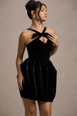 Bonet | Black Strappy Structured Velvet Mini Dress With Bow Detail
