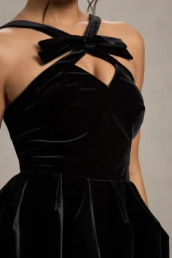 Bonet | Black Strappy Structured Velvet Mini Dress With Bow Detail