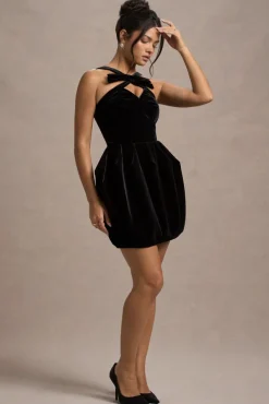 Bonet | Black Strappy Structured Velvet Mini Dress With Bow Detail