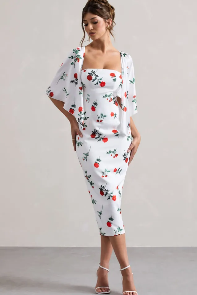 Bonita | Rose Print Cape-Sleeve Midi Dress