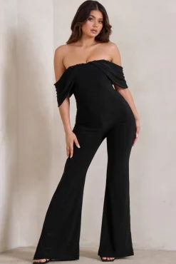Bonnie | Black Bardot Drape Sleeve Jumpsuit