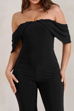 Bonnie | Black Bardot Drape Sleeve Jumpsuit
