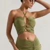 Bora Bora | Olive Ruched Halter-Neck Cut-Out Top