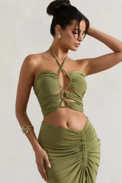 Bora Bora | Olive Ruched Halter-Neck Cut-Out Top