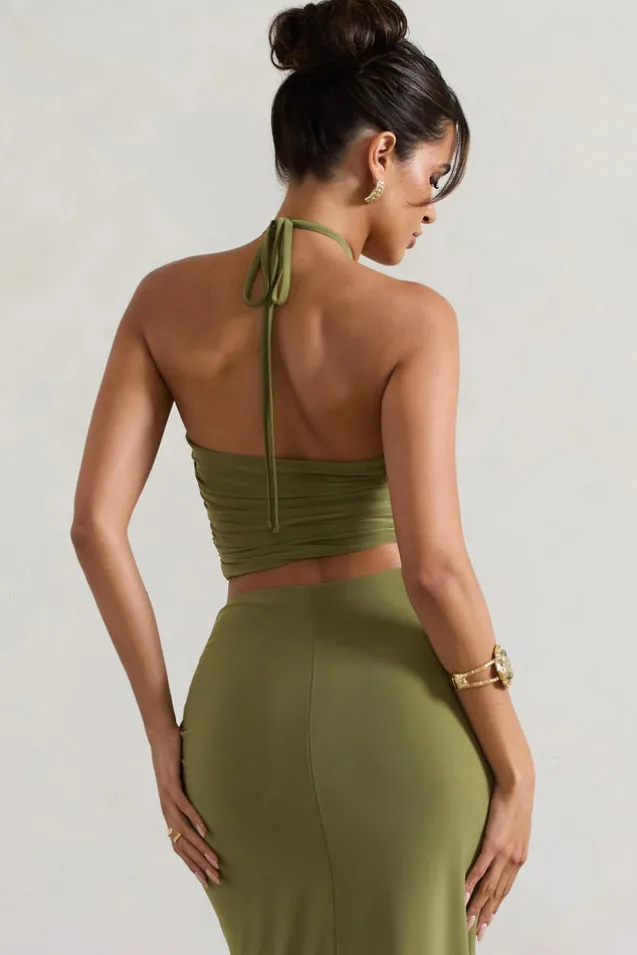 Bora Bora | Olive Ruched Halter-Neck Cut-Out Top
