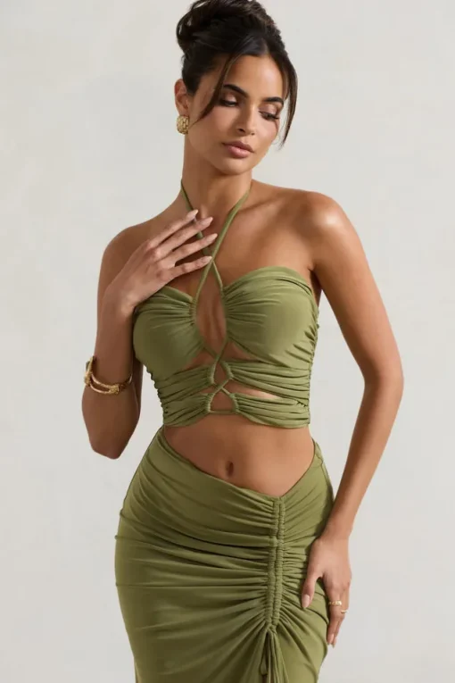 Bora Bora | Olive Ruched Halter-Neck Cut-Out Top