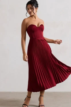 Bordeaux | Berry Satin Corset Style Midi Dress