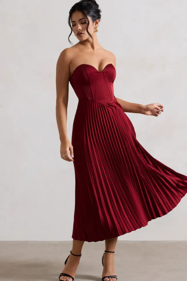 Bordeaux | Berry Satin Corset Style Midi Dress