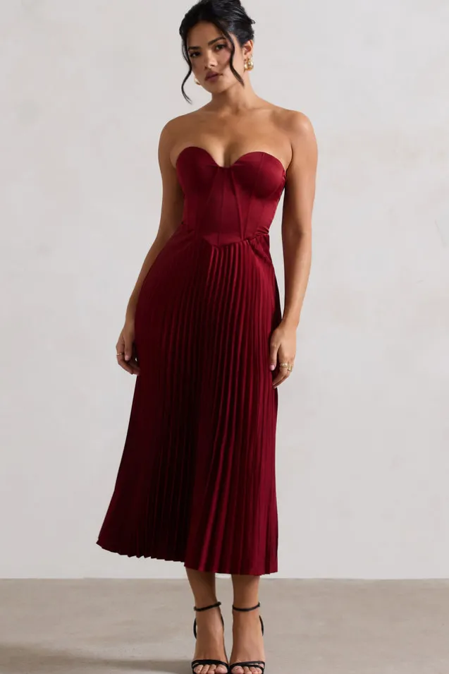 Bordeaux | Berry Satin Corset Style Midi Dress