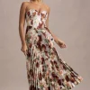 Bordeaux | Cream Floral Print Satin Corset Style Midi Dress