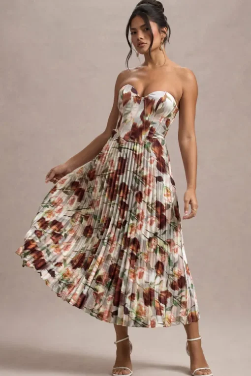 Bordeaux | Cream Floral Print Satin Corset Style Midi Dress