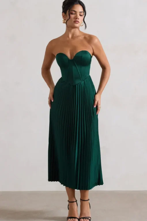 Bordeaux | Green Satin Corset Style Midi Dress