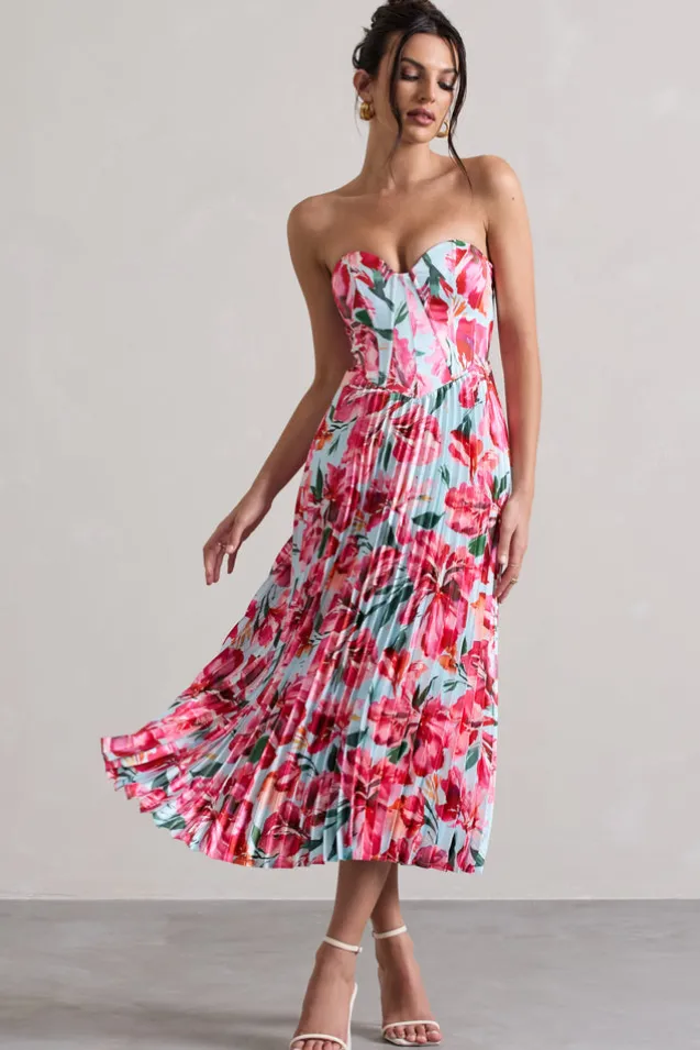 Bordeaux | Mint Floral Print Satin Corset Style Midi Dress