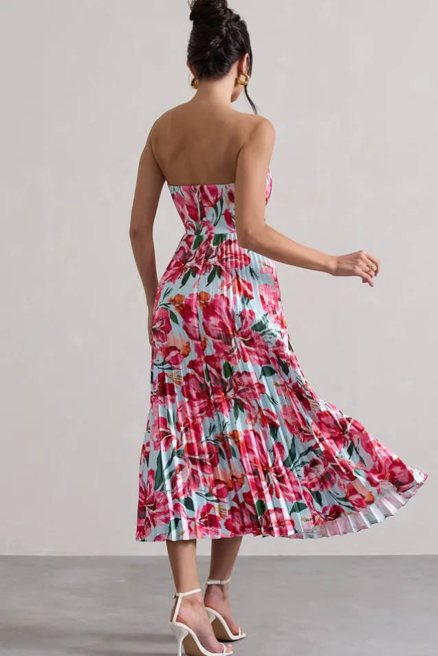 Bordeaux | Mint Floral Print Satin Corset Style Midi Dress