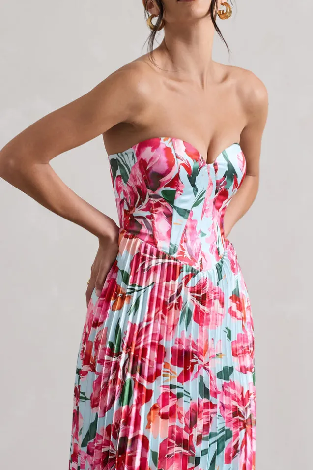 Bordeaux | Mint Floral Print Satin Corset Style Midi Dress