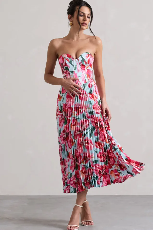 Bordeaux | Mint Floral Print Satin Corset Style Midi Dress