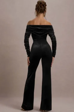 Borealis | Black Velvet Long-Sleeved Bardot Jumpsuit
