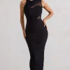 Born With It | Black Sleeveless High-Neck Draped Maxi Dress With Mesh Inserts