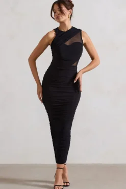 Born With It | Black Sleeveless High-Neck Draped Maxi Dress With Mesh Inserts