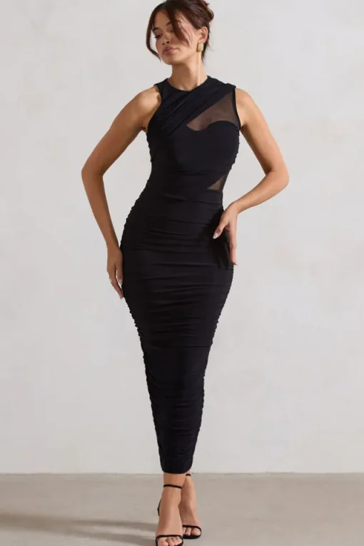 Born With It | Black Sleeveless High-Neck Draped Maxi Dress With Mesh Inserts