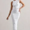 Born With It | White Sleeveless High-Neck Draped Maxi Dress With Mesh Inserts