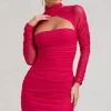 Bouquet Toss | Hot Pink Ruched Mesh Long-Sleeved Mini Dress