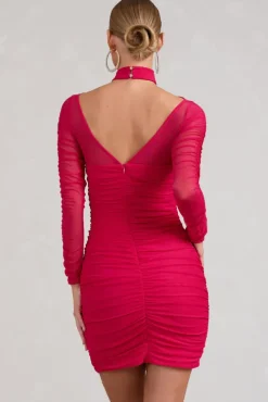 Bouquet Toss | Hot Pink Ruched Mesh Long-Sleeved Mini Dress