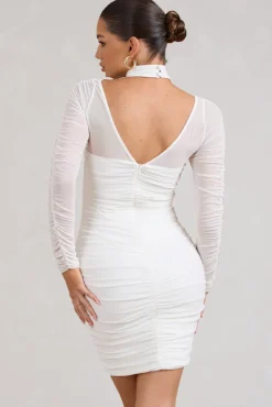 Bouquet Toss | White Ruched Mesh Long-Sleeved Mini Dress