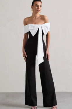 Bower | Black Bardot Straight-Leg Jumpsuit With Bow
