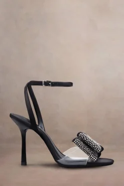 Bowing | Black Satin Heeled Sandals With Diamante Bows