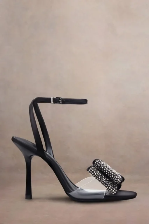 Bowing | Black Satin Heeled Sandals With Diamante Bows