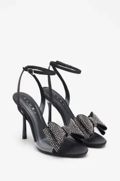 Bowing | Black Satin Heeled Sandals With Diamante Bows