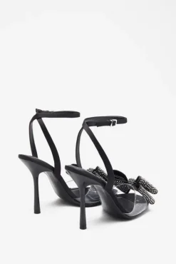 Bowing | Black Satin Heeled Sandals With Diamante Bows