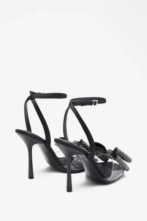 Bowing | Black Satin Heeled Sandals With Diamante Bows