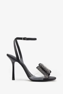 Bowing | Black Satin Heeled Sandals With Diamante Bows