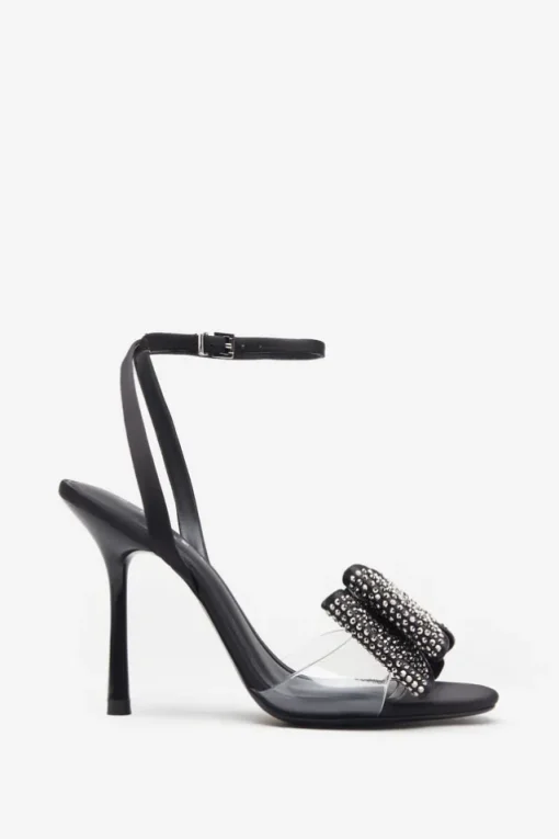 Bowing | Black Satin Heeled Sandals With Diamante Bows