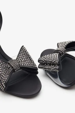 Bowing | Black Satin Heeled Sandals With Diamante Bows