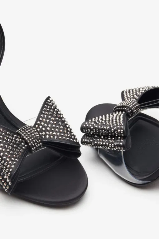 Bowing | Black Satin Heeled Sandals With Diamante Bows